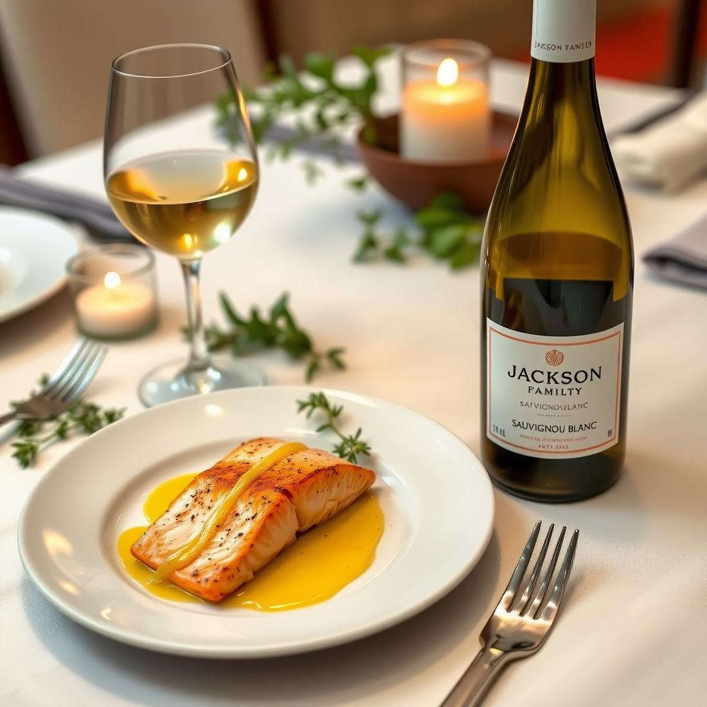 Grilled salmon with lemon sauce on a dining table, paired with a glass of Sauvignon Blanc.