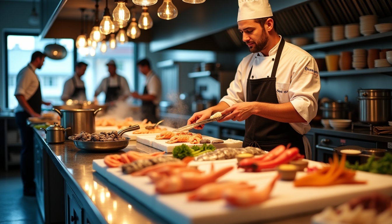 chef preparing seafood dish in a professional kitchen