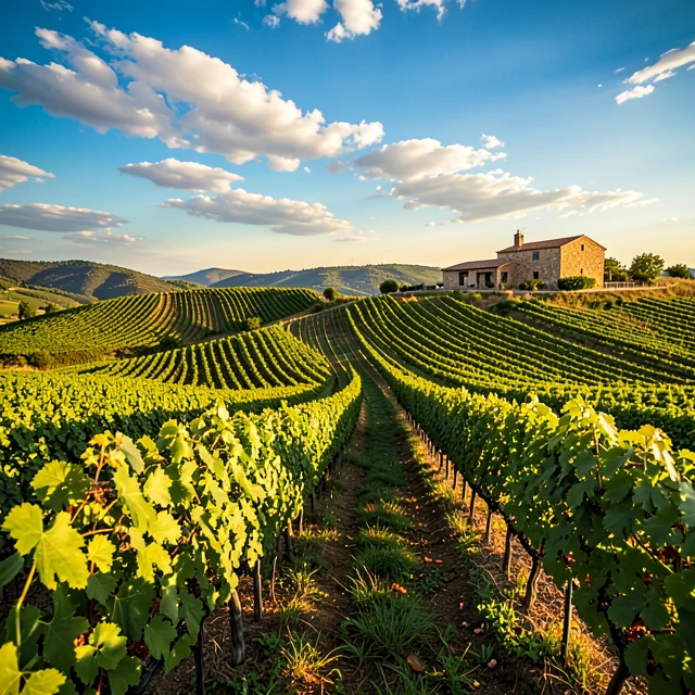 Beautiful rolling vineyards in a world-class wine region with a winery in the distance