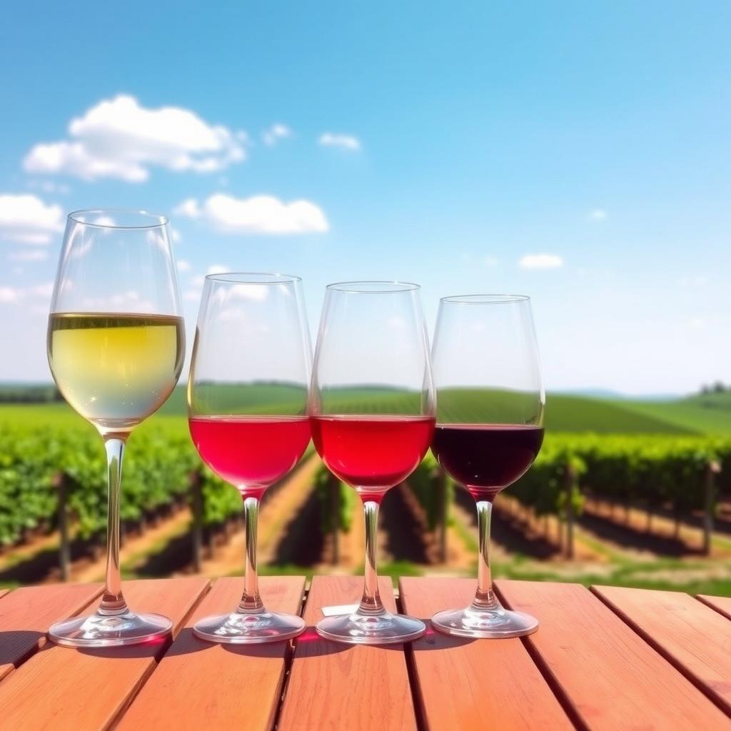 Three wine glasses with Chardonnay, Rosé, and Pinot Noir on a wooden table, set against a backdrop of lush vineyards under a clear sky.