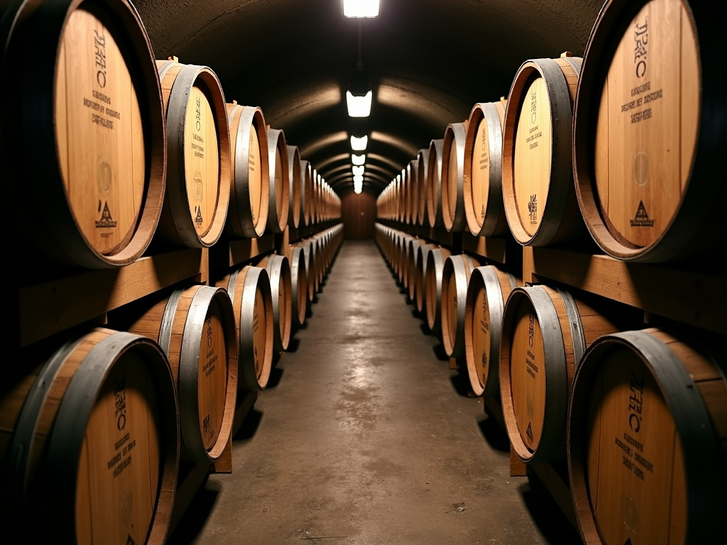 Oak barrels in a wine cellar