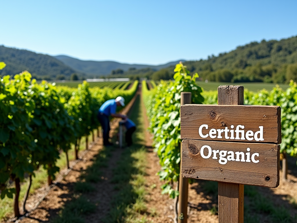Organic vineyard with workers and grapevines