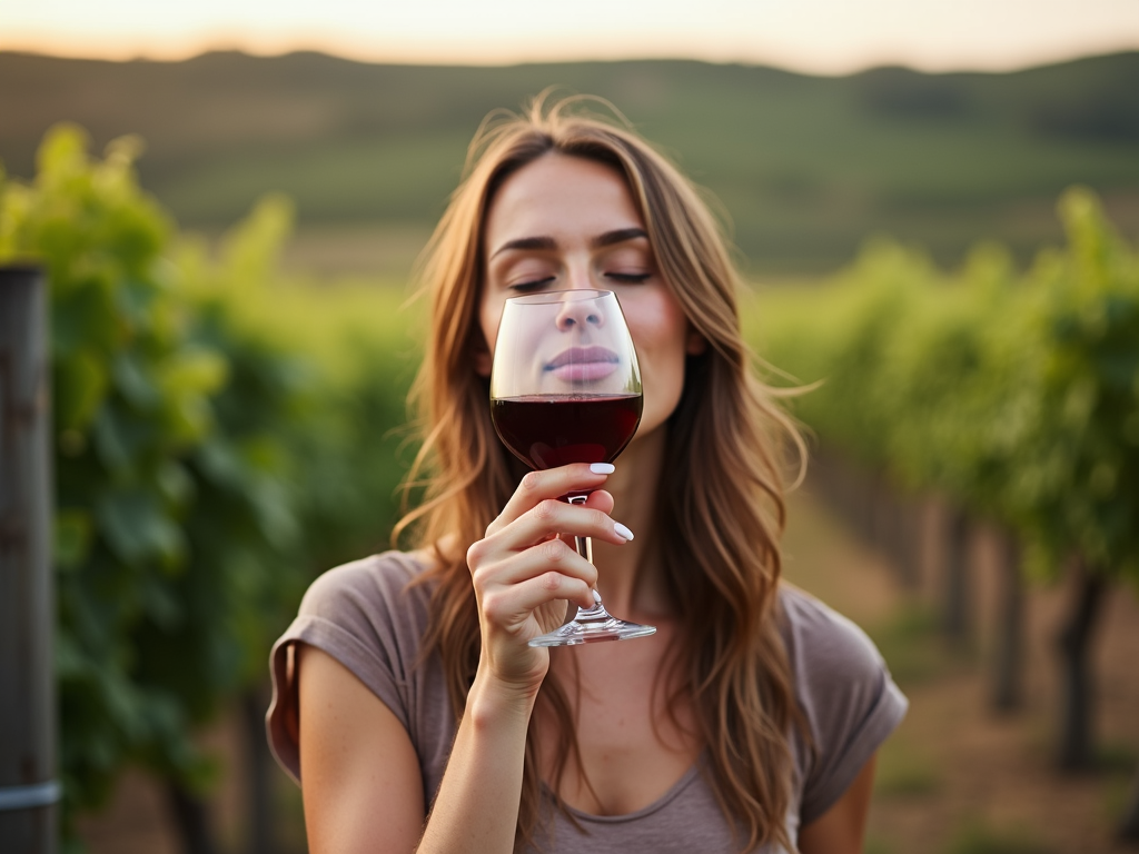Sniffing wine to appreciate its aroma.