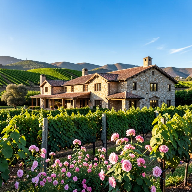 Historic Rhine House at Beringer Vineyards surrounded by Napa Valley vineyards