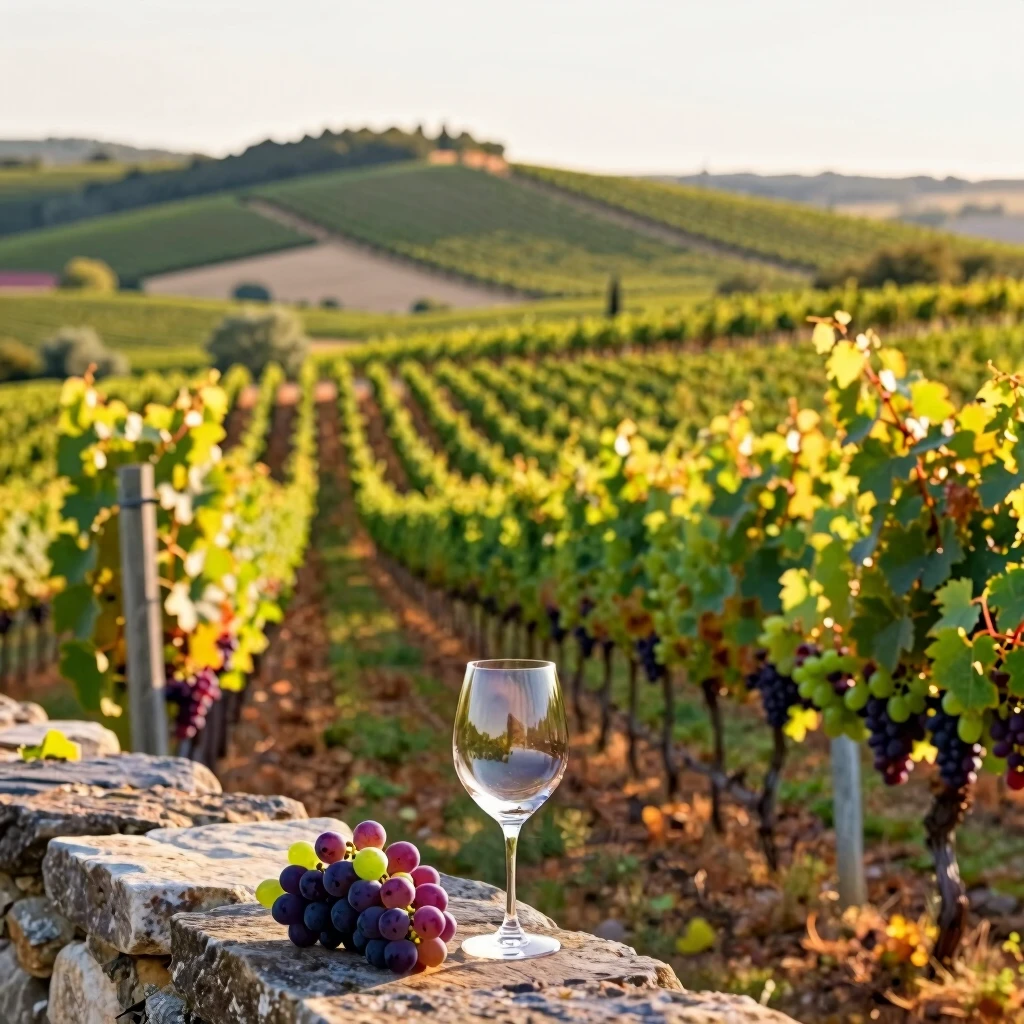 Expansive vineyard at golden hour, inviting wine enthusiasts to explore