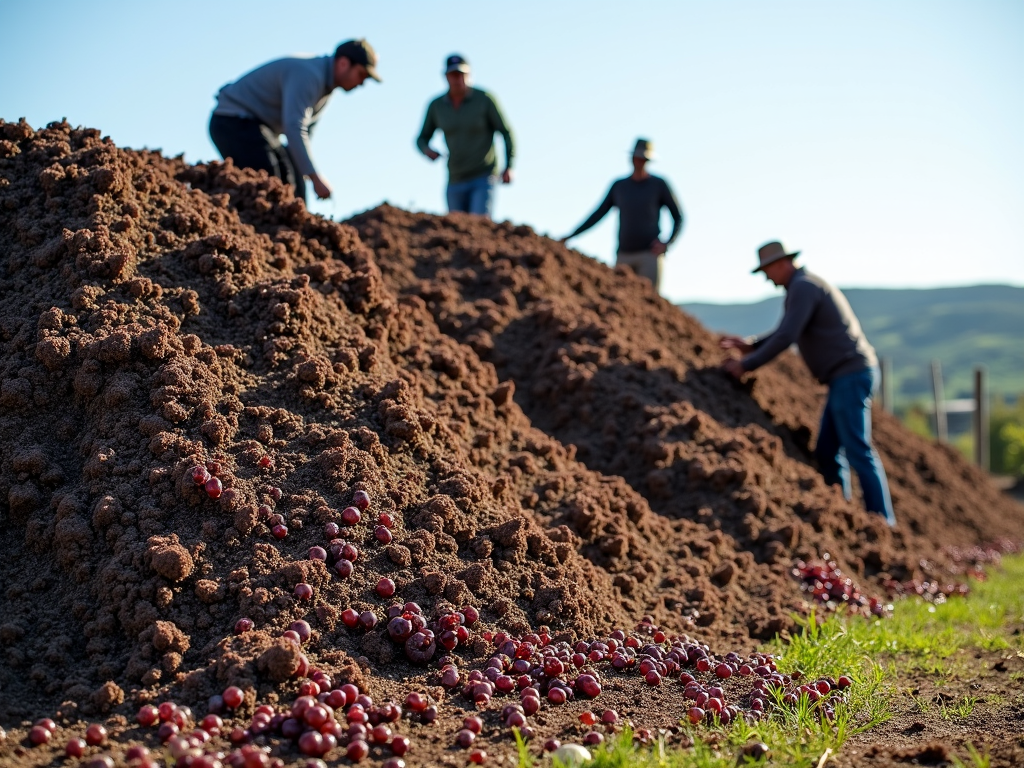 Compost pile of grape pomace for waste reduction