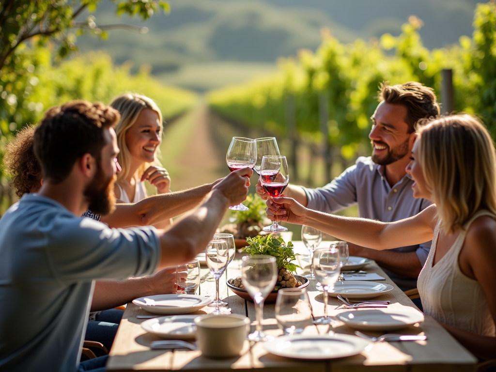 Friends toasting with Jackson Family Wines in vineyard
