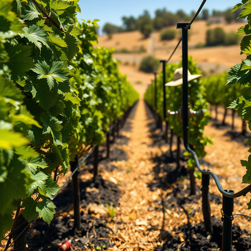 Drip irrigation system conserving water in a vineyard