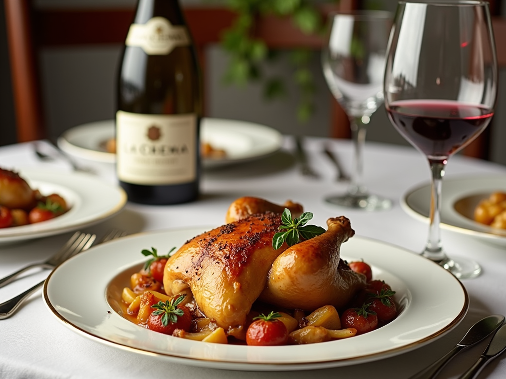 Dinner table with La Crema Pinot Noir and roasted chicken