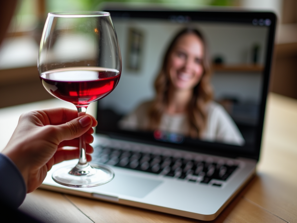 A participant actively engaging in a virtual wine tasting party.
