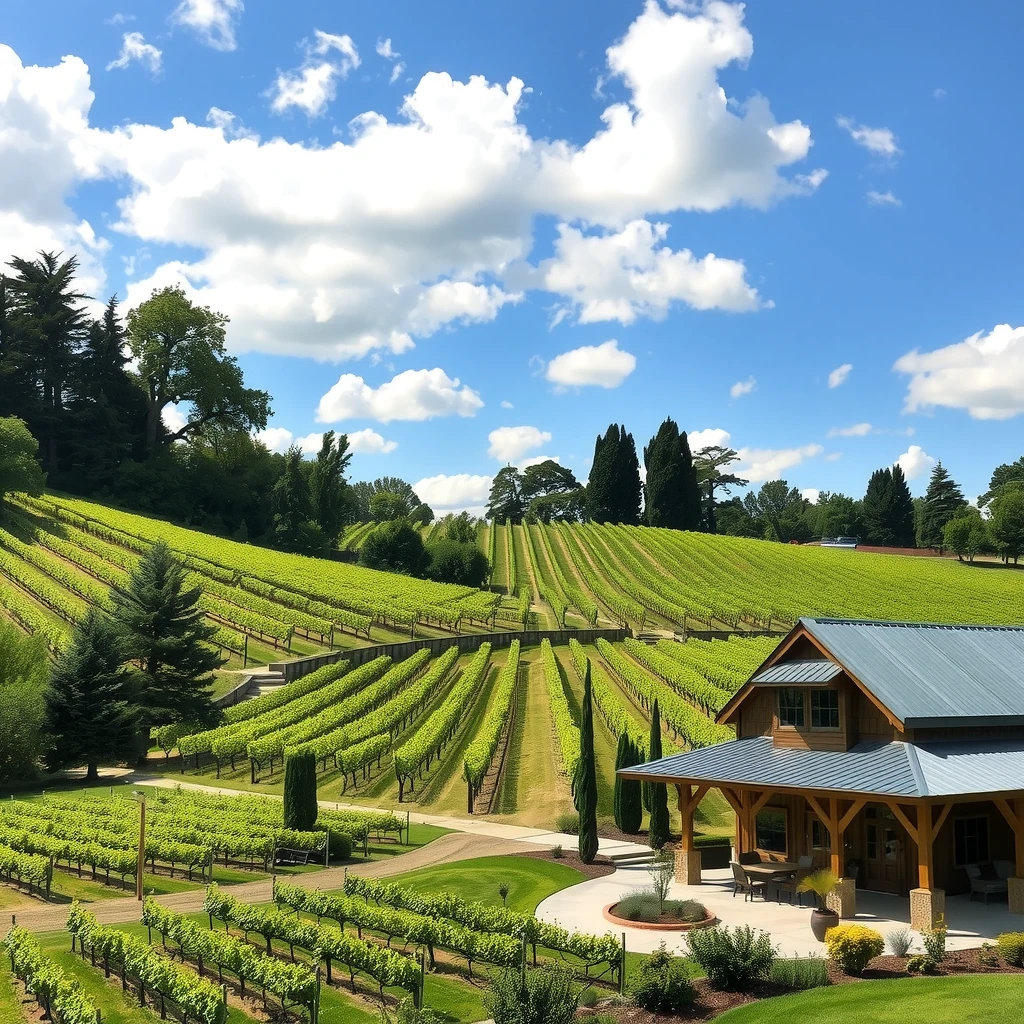 Scenic Sonoma County vineyard landscape with redwoods and rustic winery