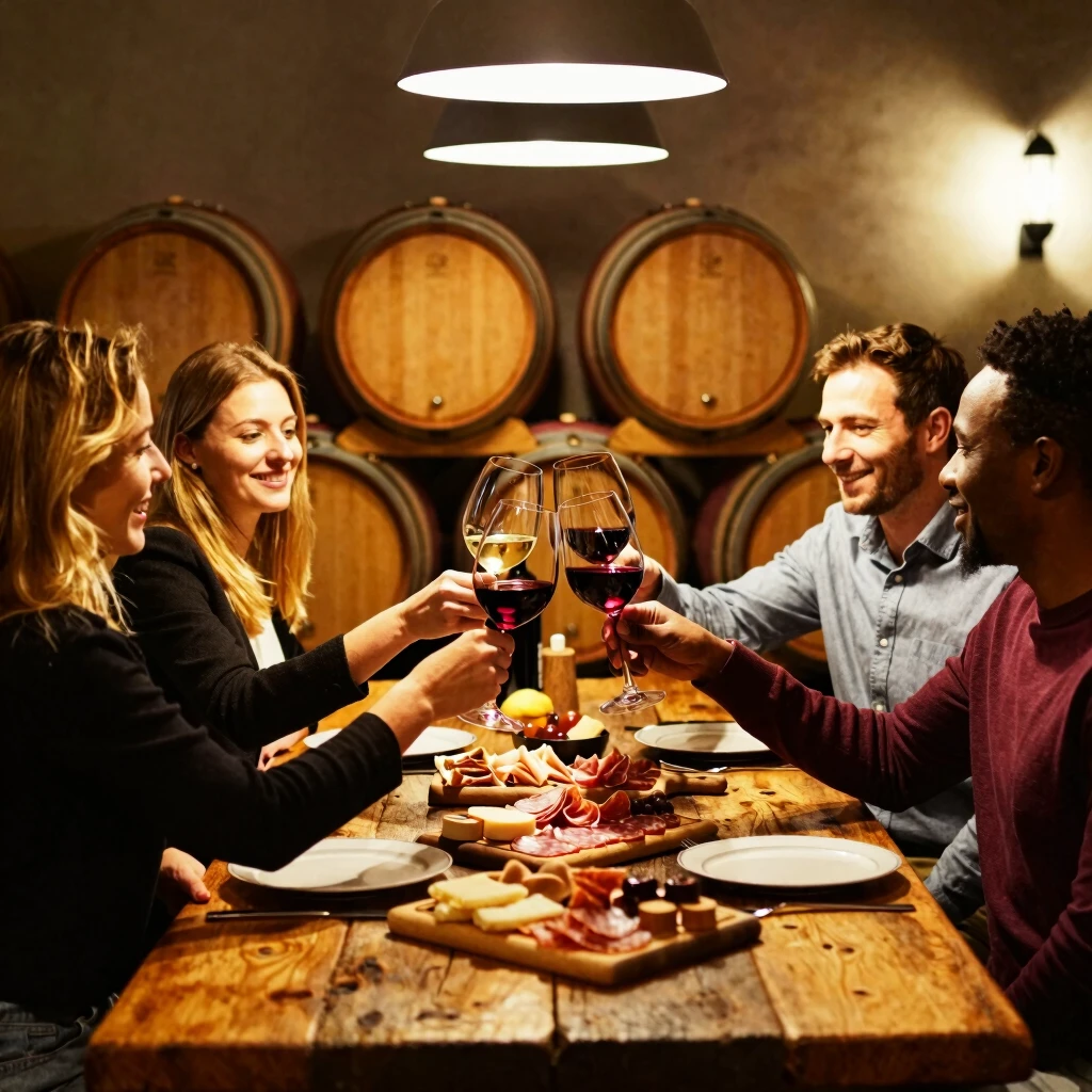Friends enjoying a wine tasting of Jackson Family Wines brands in a barrel room