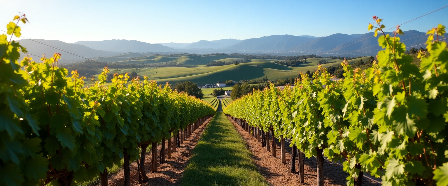 Expansive view of a vineyard under a bright sky, highlighting various grape varieties.
