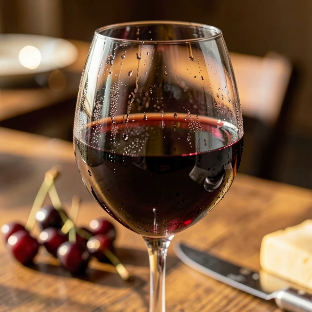 Close-up of Beringer Merlot in a wine glass with subtle dining elements