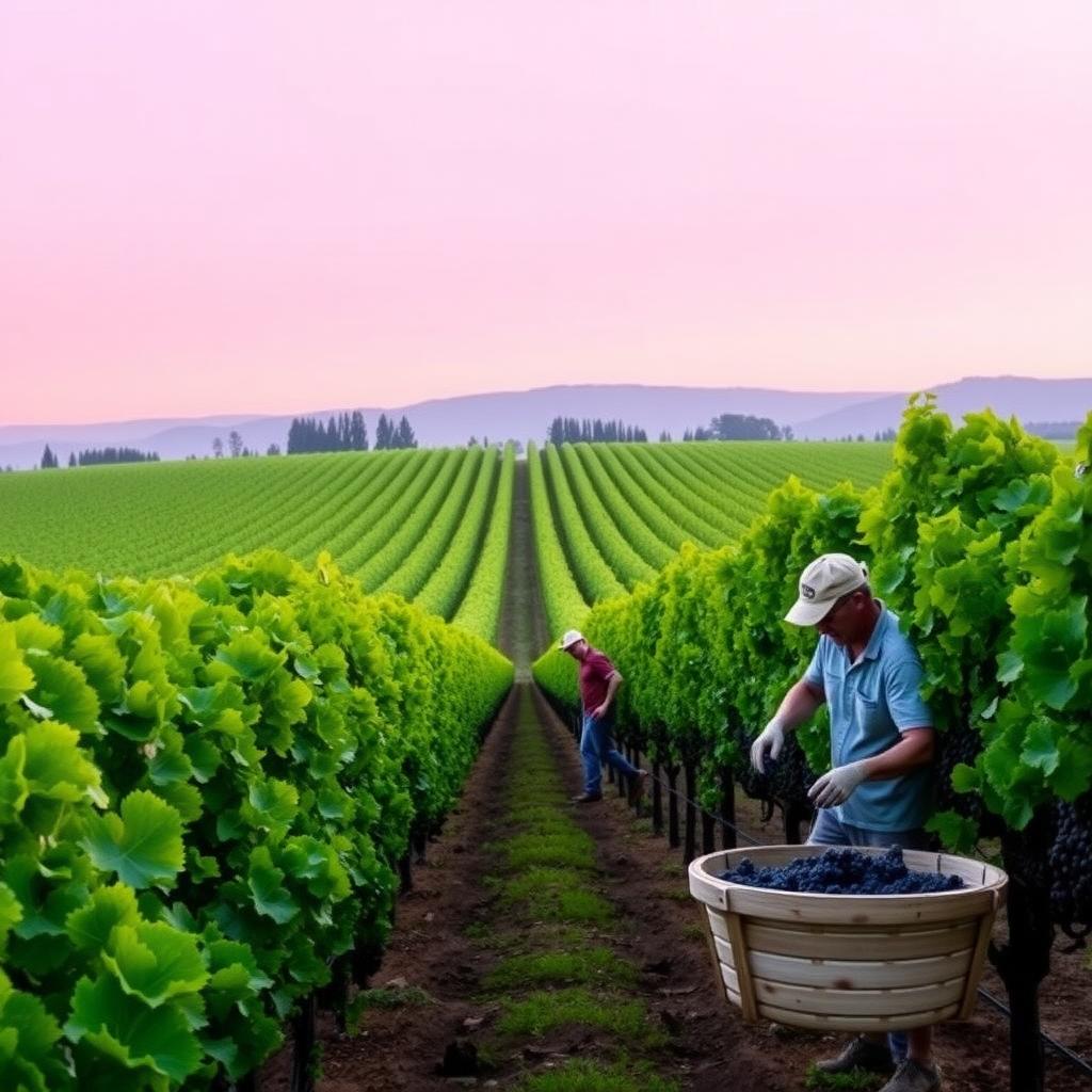 Sunlit Beringer vineyard with workers harvesting grapes at dawn