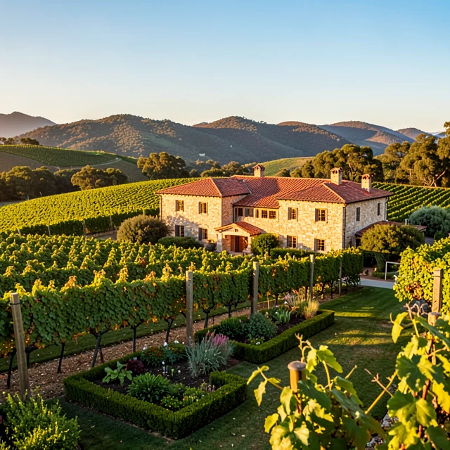 Beringer Vineyards Rhine House and lush vineyards in Napa Valley at sunset