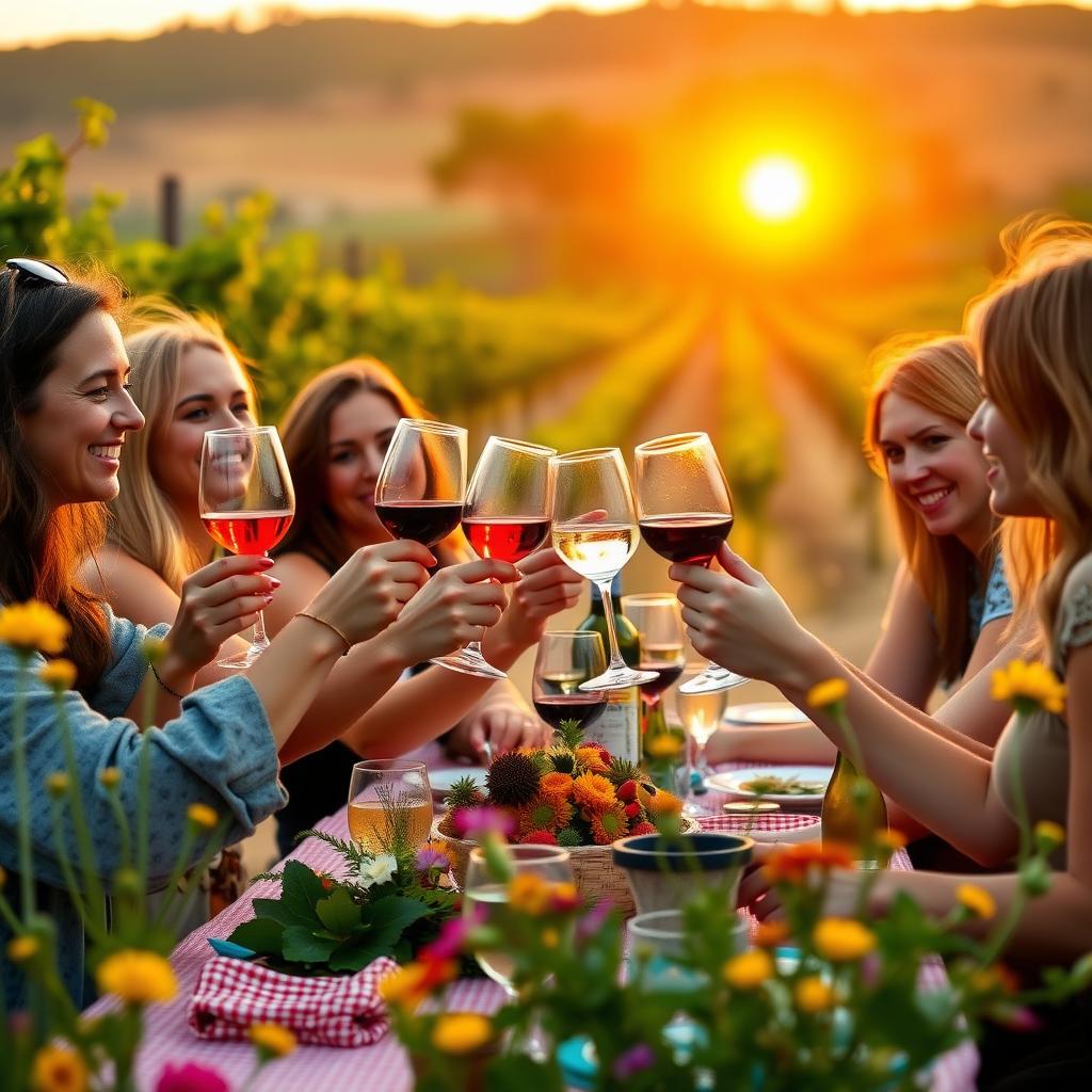 Friends toasting with biodynamic wine at a sustainable vineyard picnic at sunset.