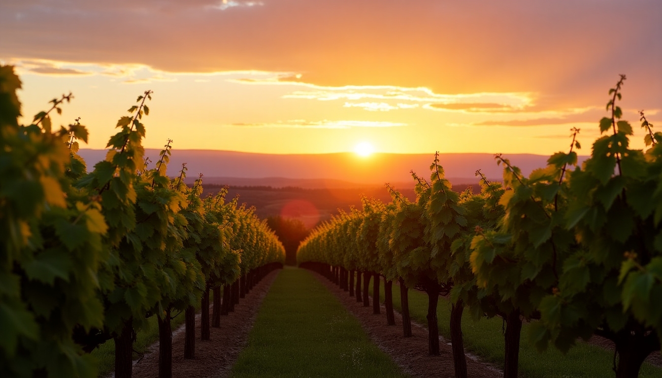 A picturesque view of Beringer vineyards during sunset, showcasing rows of lush grapevines and a stunning sky.