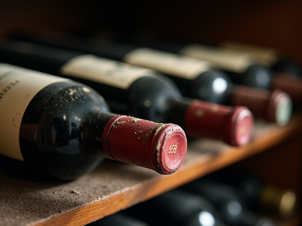 Wine bottles aging on a rack