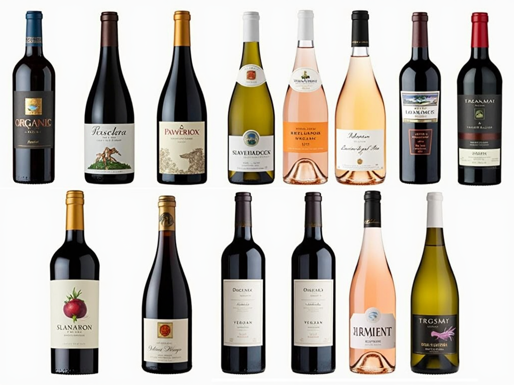Wine labels with certifications and awards.