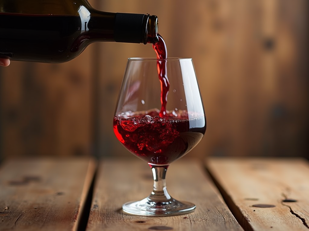 A glass of red wine being poured, showcasing its rich color.