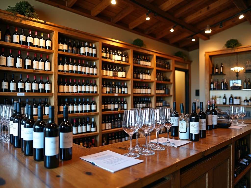 Interior of a cozy wine shop with a shelf dedicated to Jackson Family Wines, showcasing various bottles and warm lighting.