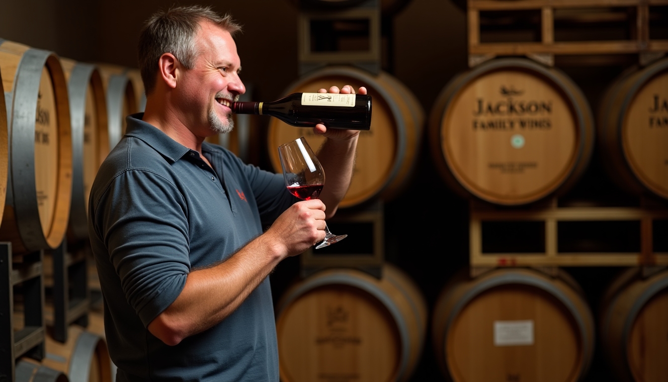 A close-up shot of a winemaker sampling wine from a barrel in a dimly lit cellar.