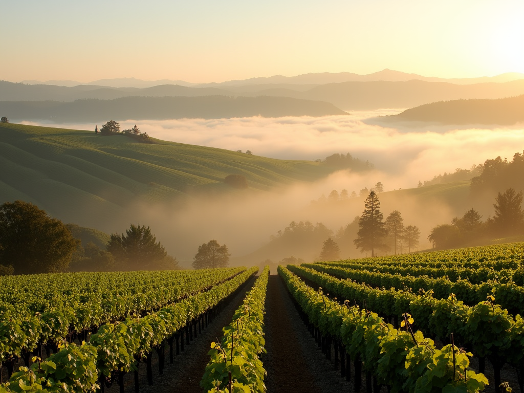 Foggy morning in the Russian River Valley vineyards, Sonoma County.