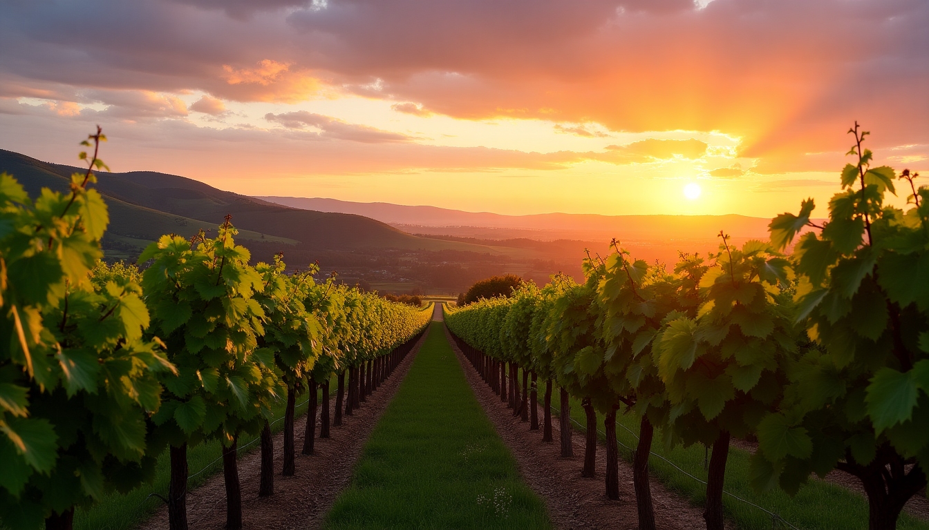 Rows of grapevines under a golden sunset at a vineyard, highlighting the serene and lush vineyards associated with Jackson Family Wines.