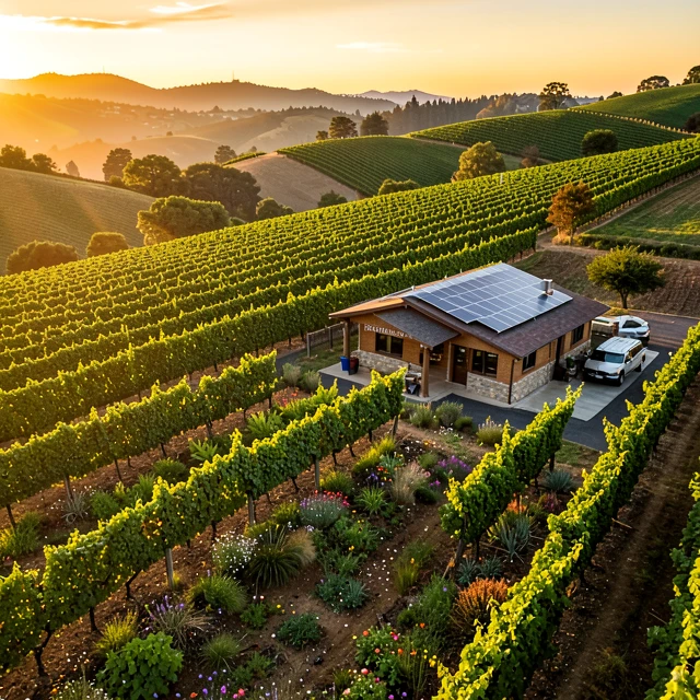 Aerial view of sustainable vineyards in Sonoma County with solar-powered winery