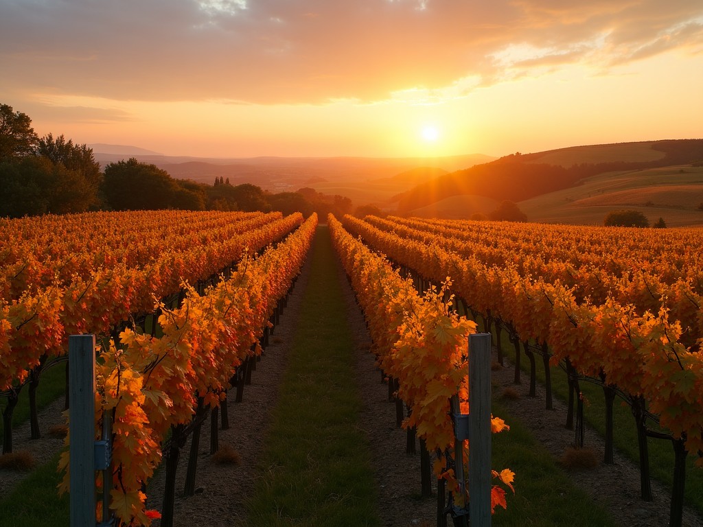 A vineyard at sunset with grapevines casting long shadows across the rows.