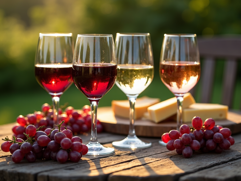 A cozy wine tasting setup with assorted wines, grapes, and cheese on a wooden table.