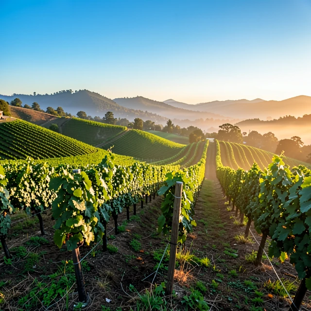 Sonoma County vineyards at sunset showcasing the hilly terrain ideal for Jackson Family Wines grape growing