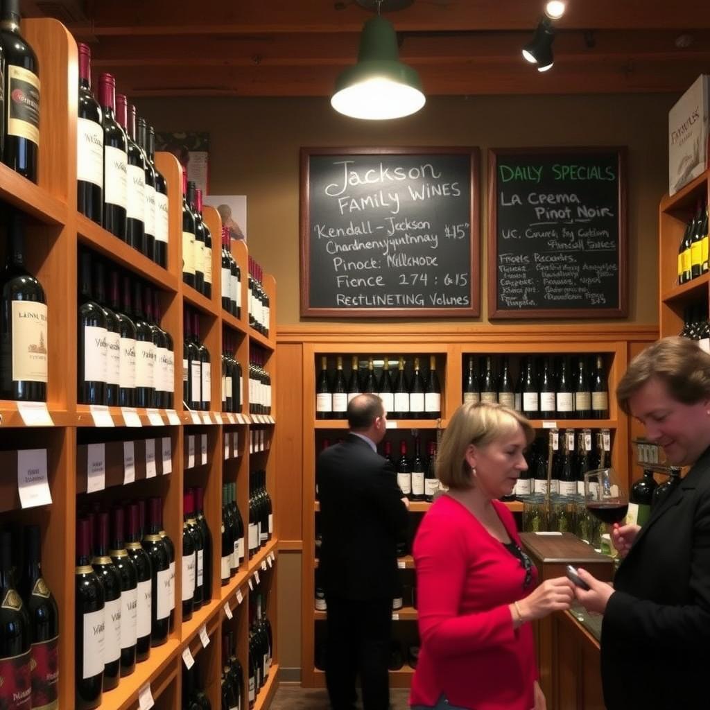 Cozy wine shop with shelves of Jackson Family Wines and a customer browsing