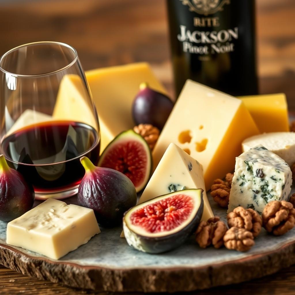 A cheese platter with cheddar, Brie, and blue cheese, paired with a glass of Jackson Family Wines Pinot Noir, illuminated by soft natural light.