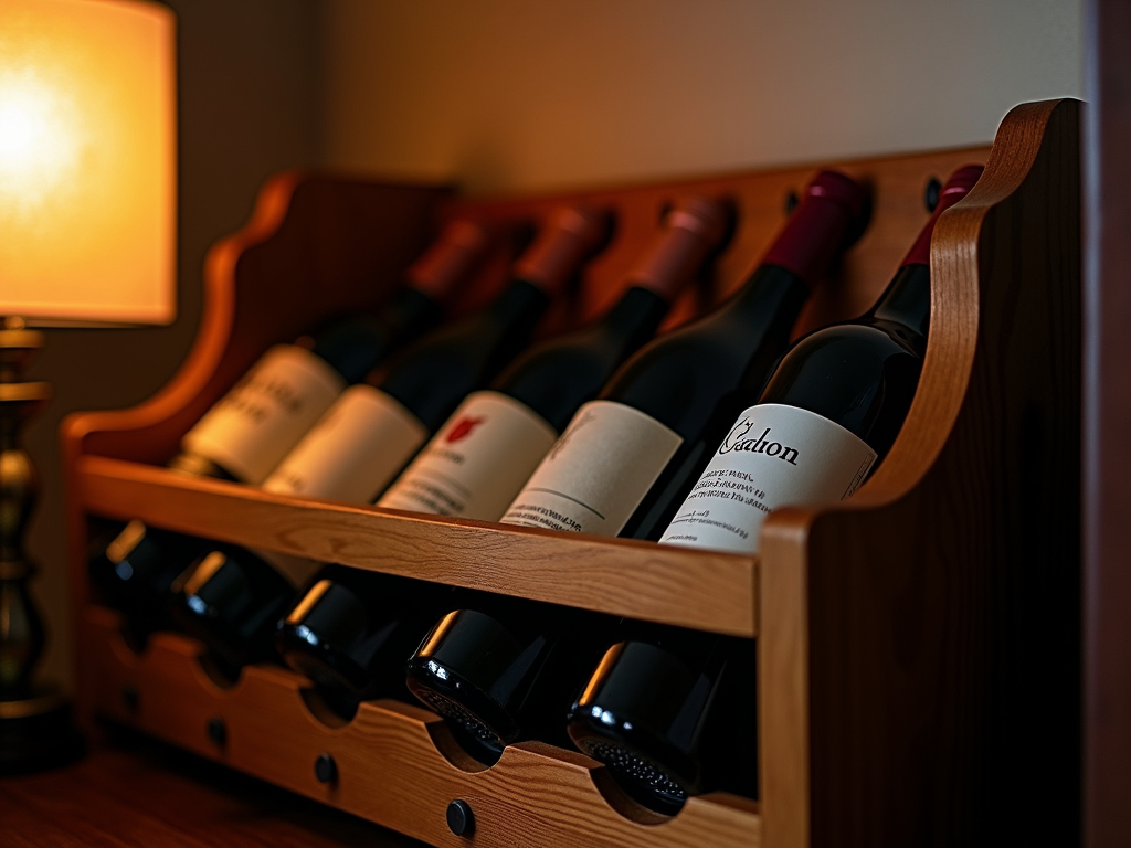 A wooden wine rack in a cozy, dimly lit corner.