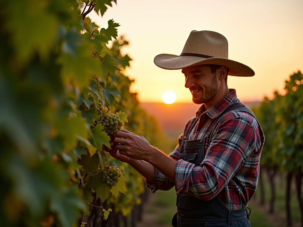 Vineyard worker tending to vines at sunrise