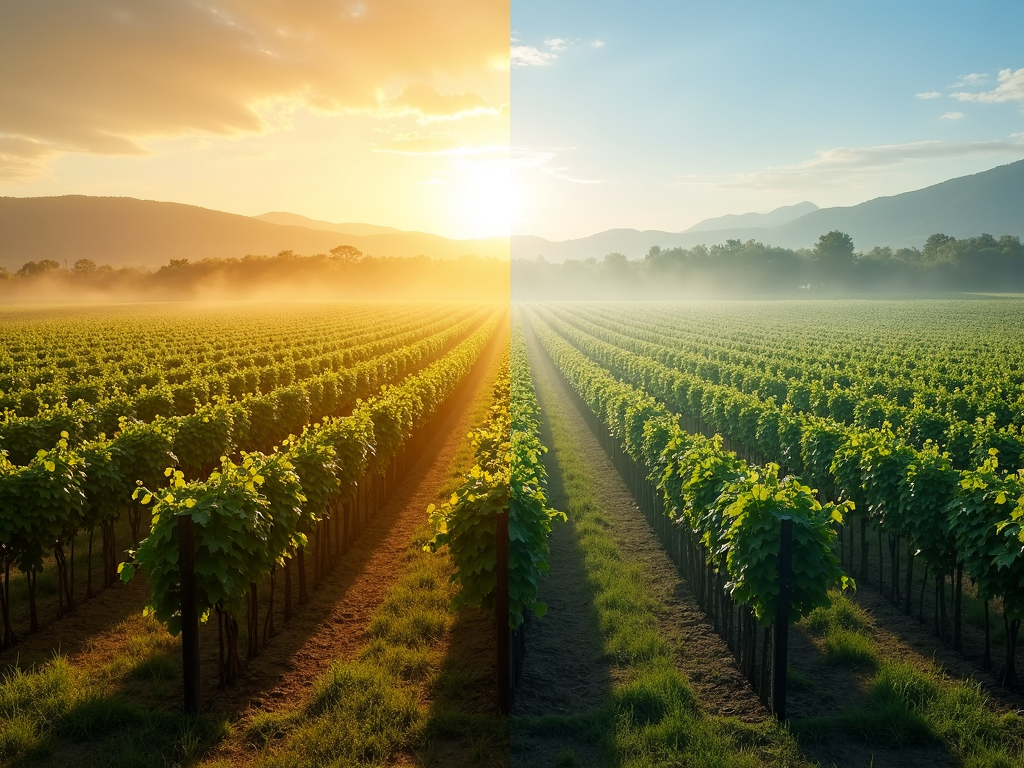 Contrasting vineyard climates: warm and sunny versus cool and misty.