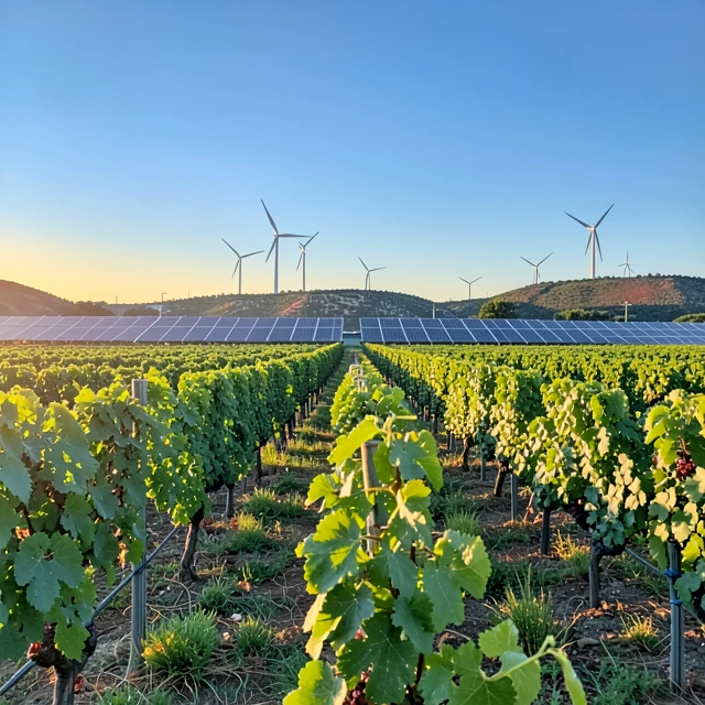 Sustainable vineyard with renewable energy sources showcasing green winemaking