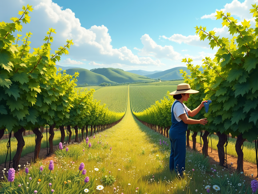 Organic vineyard with hand-picked grapes and wildflowers