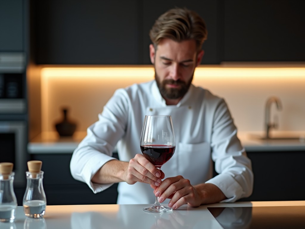 A professional sommelier pouring a glass of red wine in a modern kitchen setting.