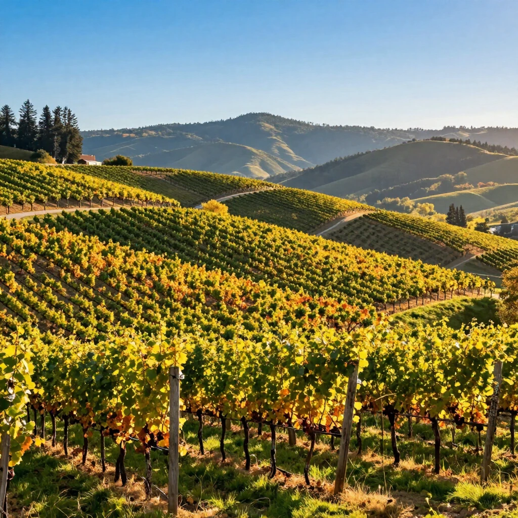 Scenic Napa Valley vineyards with rolling hills and grapevines in autumn colors