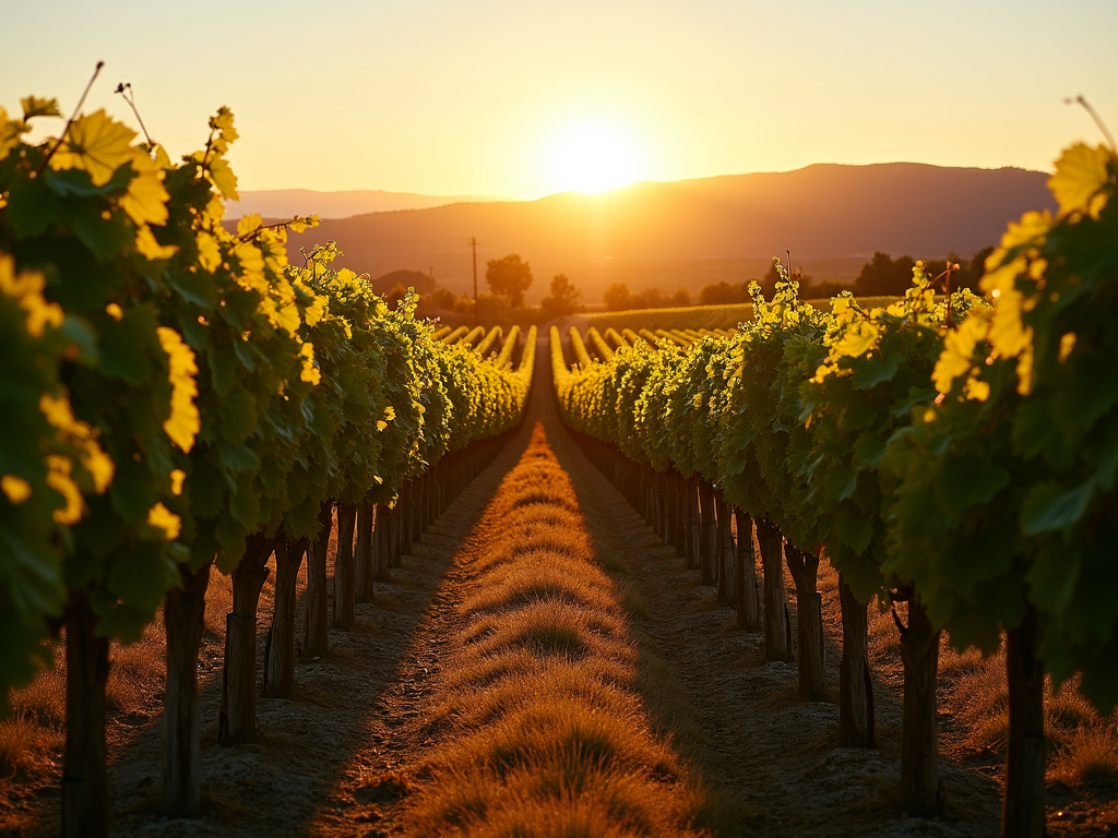 Vineyard at sunset, highlighting the charm of wine country.