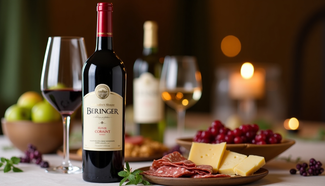A cozy dinner table setup with Beringer Merlot and a variety of dishes, capturing the essence of a wine-paired meal.