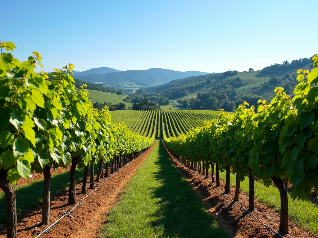 A scenic view of a vineyard with lush grapevines under a clear blue sky.