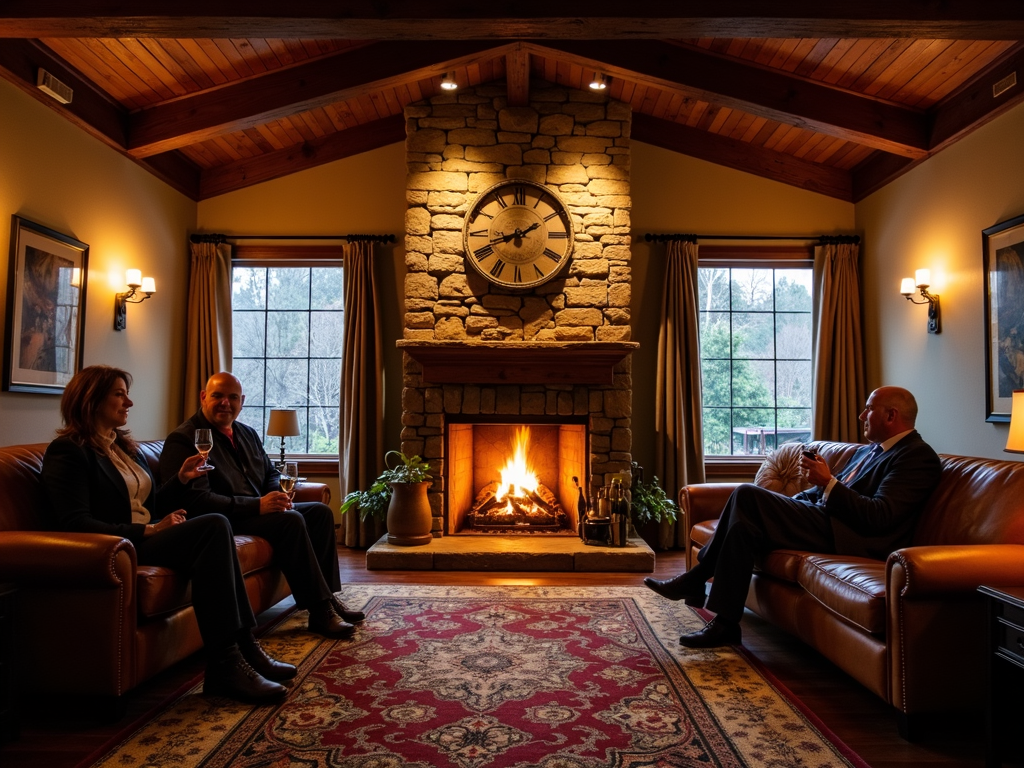 Cozy tasting room with a fireplace.
