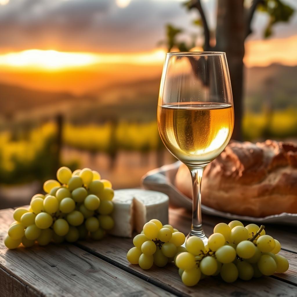 Glass of Chardonnay with grapes, Brie cheese, and bread on a wooden table, vineyard at sunset in the background