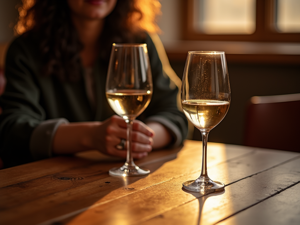 Swirling white wine in a glass in a cozy setting.