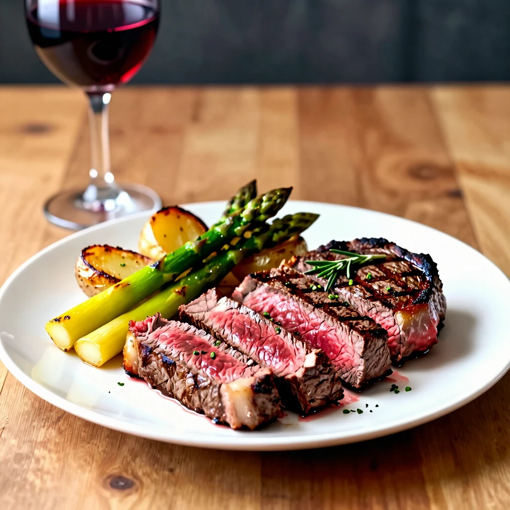 Grilled steak with vegetables paired with a glass of Merlot wine