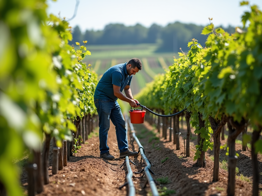 Drip irrigation system in a sustainable vineyard